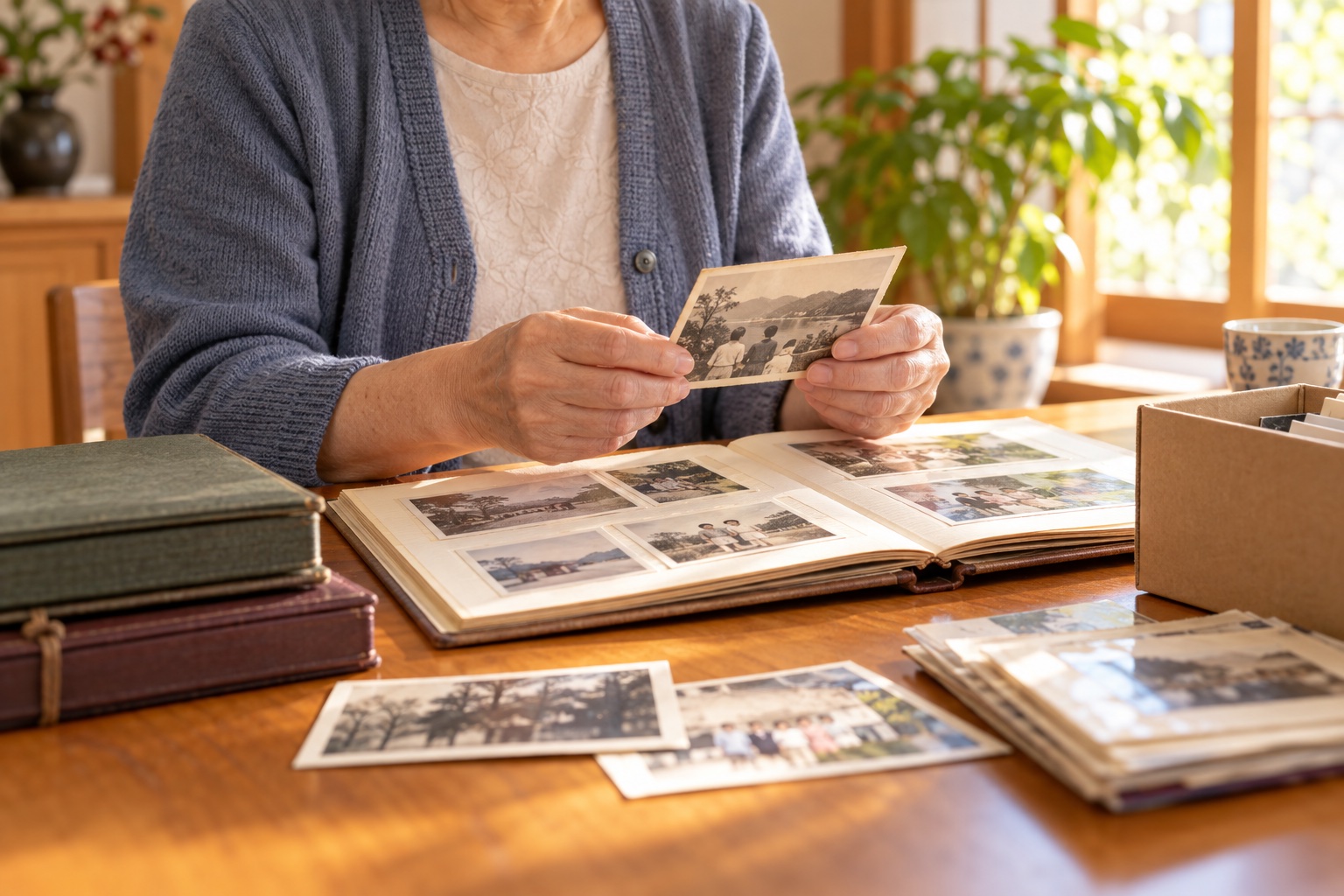 思い出の写真を丁寧に整理する手元