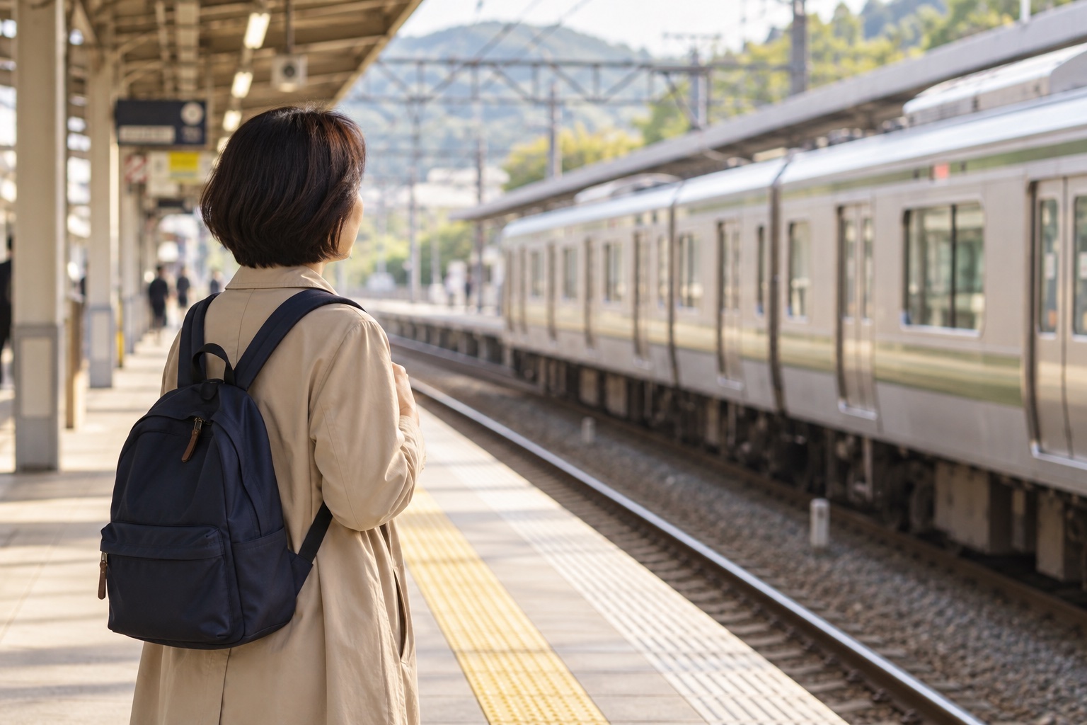 駅のホームで電車を待つ女性